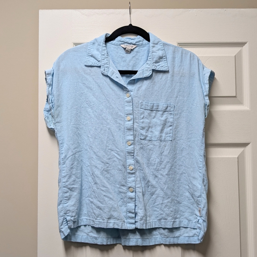 Orvis light blue button-up shirt